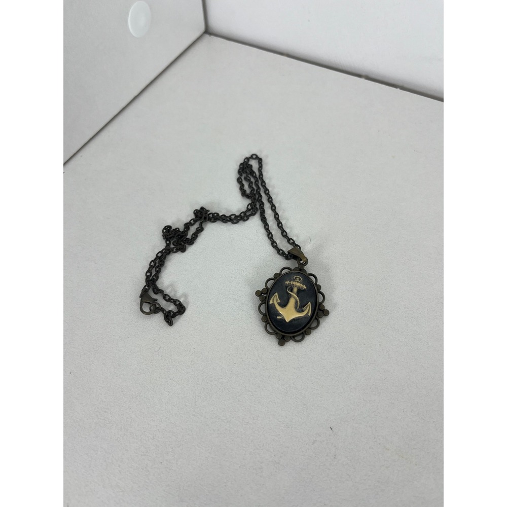 Vintage Style Nautical Anchor Cameo Necklace Antique Bronze Tone Black Gold
